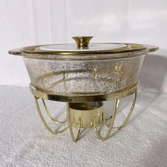 Vintage Anchor Hocking Fire King Gold Fleck Casserole & Stand Georges Briard Lid - Picture 3 of 15